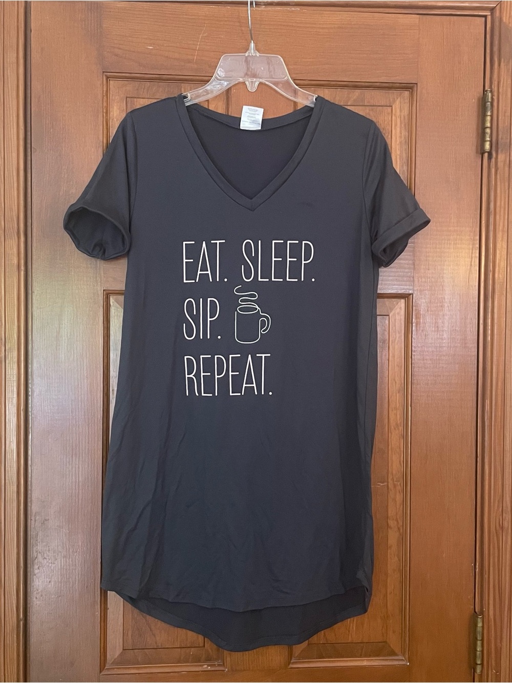 Hello Mello Charcoal Gray V-Neck Sleep Shirt - Eat. Sleep. Sip. Repeat. Size S/M